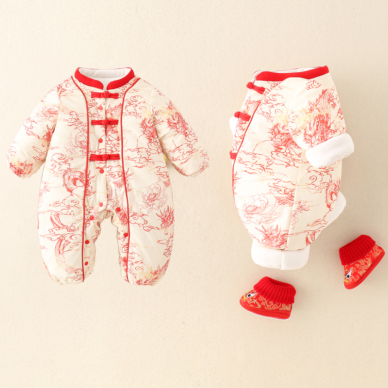 Winter Clothing Drawing - 0～2歳の赤ちゃん向け、厚手の冬用ベビー服、裏起毛のロンパース、男の子・女の子用、中国伝統的なデザイン。