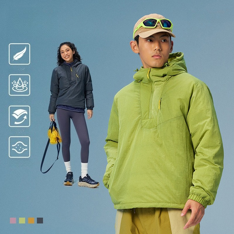 Winter Clothing Hiking - ユニセックス 90%ホワイトダックダウン プルオーバー – 軽量撥水ハーフジップフード付きジャケット、テクスチャードグリッド生地、ハイキング・旅行用