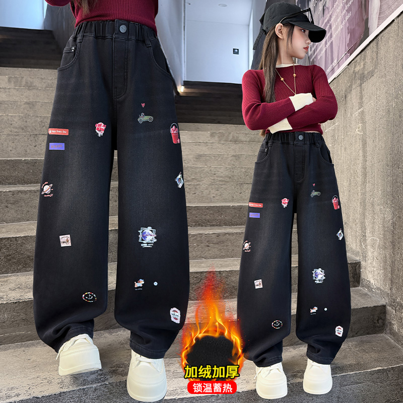 Winter Clothing Drawing - 秋の女の子のジーンズ漫画刺繍子供デニムパンツ新しい子供ルーズストレートレッグパンツティーンエイジャー暖かい服 4-14Y