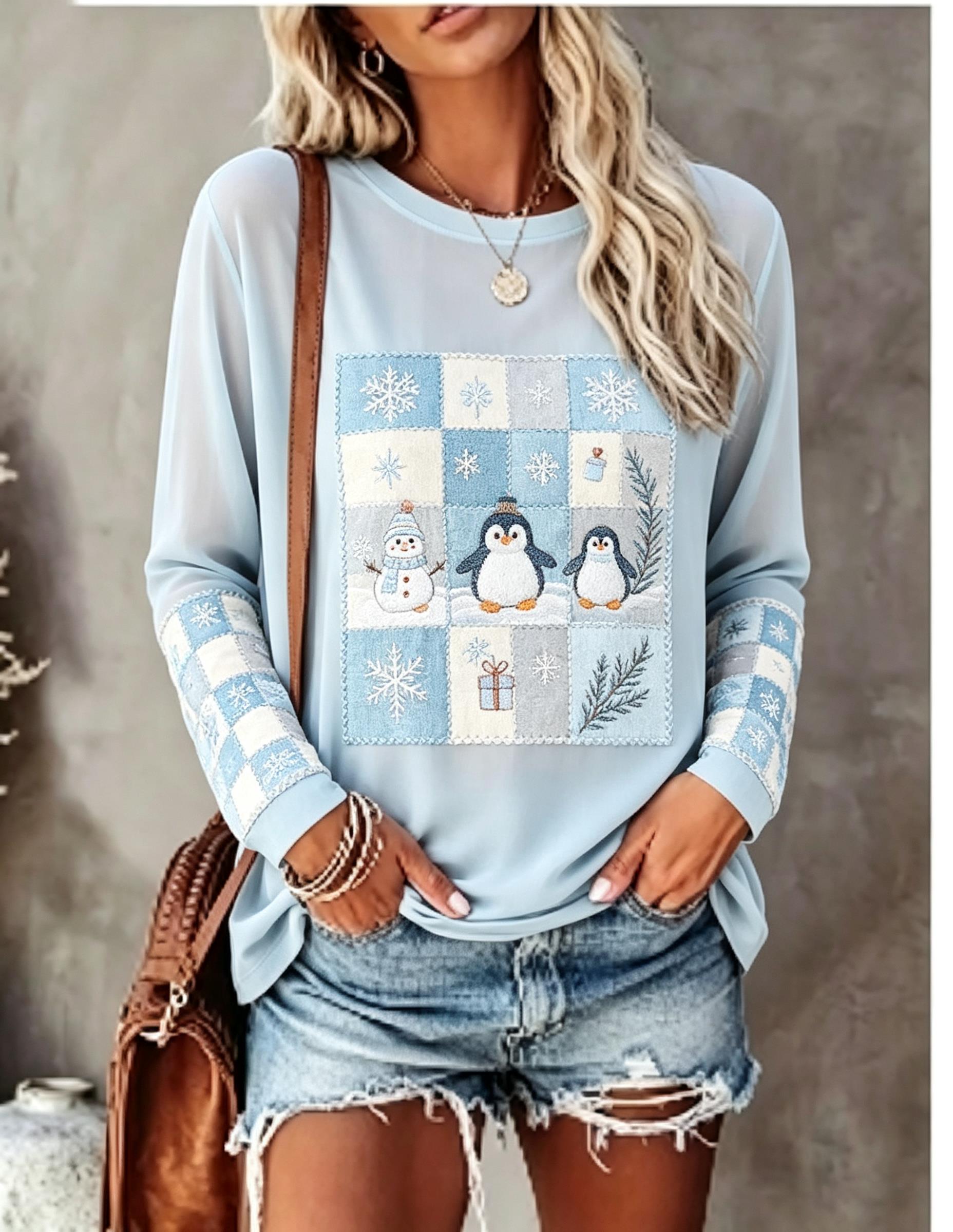 Winter Clothing For Women - レディース 長袖Tシャツ、フォックス、ウサギ、パッチワーク、格子柄、松ぼっくり、ベリー、雪の結晶プリント、クルーネック、カジュアル、秋のトップス