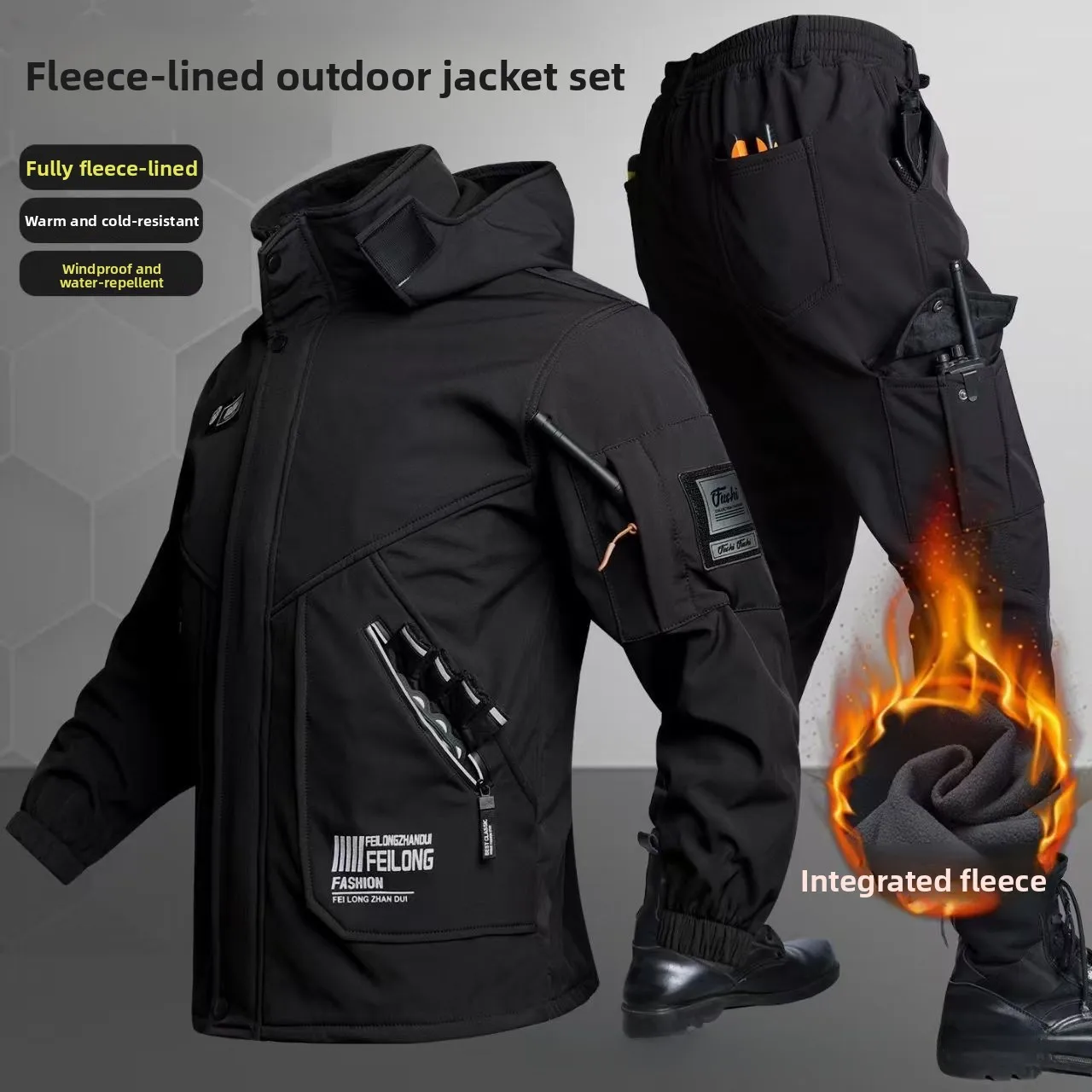 Winter Clothing Pk - 厚手のフリース素材を使用した、秋冬用のアウトドアクライミングウェアセット。男性用カジュアルウェアで、耐久性、防風性、防水性に優れ、作業着としても使えるジャケット。