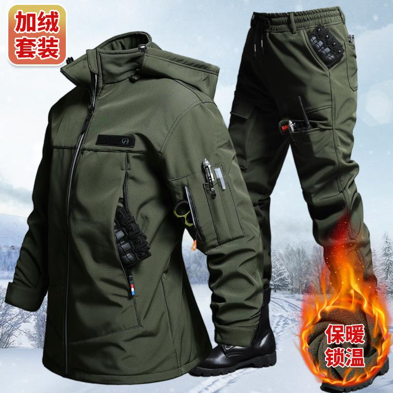 Winter Clothing Pk - 秋と冬のベルベット防水タクティカルジャケットとパンツセット男性用サイクリングハイキングキャンプアドベンチャー衣類