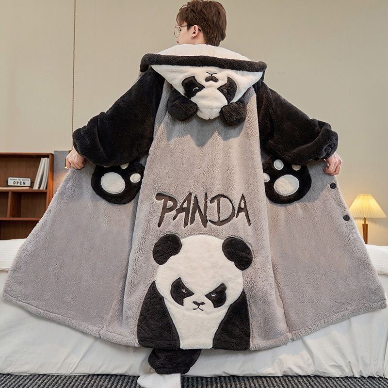特大パンダ柄メンズ冬用厚手フランネルパジャマセット、フード付 - Winter Clothing Pk のレビューと価格