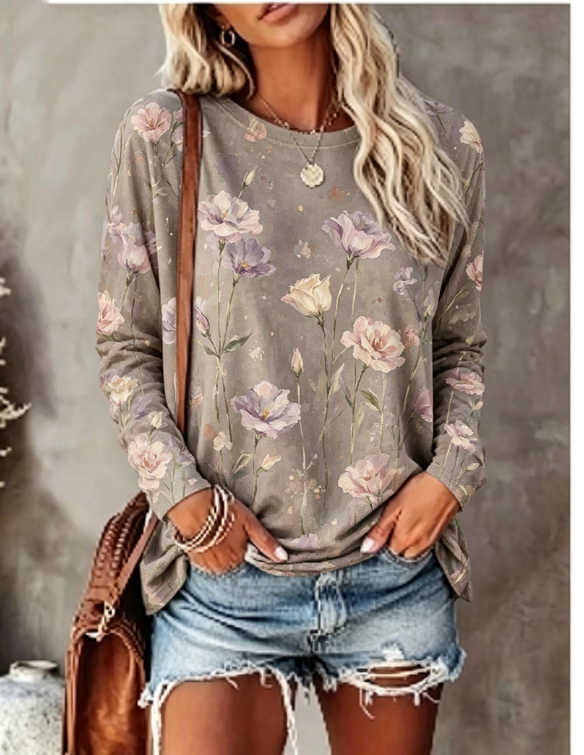 レディース長袖Tシャツ 油絵 アイリス 花柄 ヴィンテージ  - Winter Clothing For Women のレビューと価格