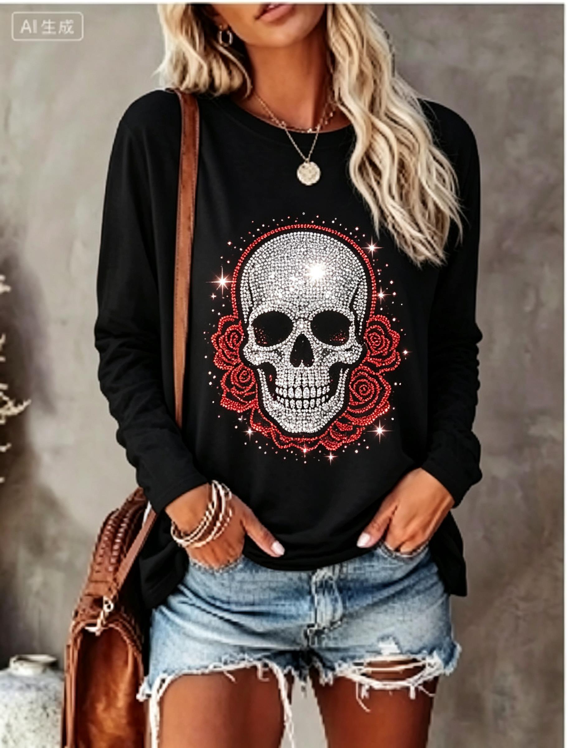 レディース長袖Tシャツ、模造ラインストーンスカルと赤いバラの - Winter Clothing For Women のレビューと価格